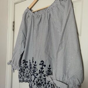 Time and Tru Navy Striped Blouse with Floral Embroidery